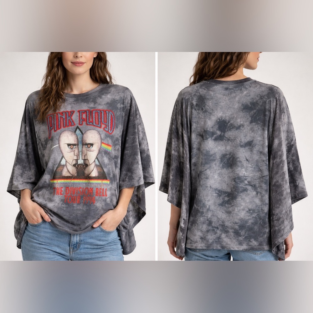 Custom Upcycled Pink Floyd Silver Gray Velvet Sleeves Kimono Graphic Top
